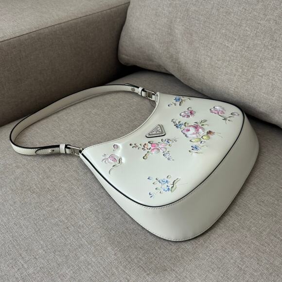 Prada Cleo Floral Embossed Bag RARE White Pastel Porcelain Effect Shoulder Bag - Picture 7 of 12